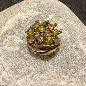 Vintage Gold Tone Brooch with Amber and Green Earth Tone Rhinestones